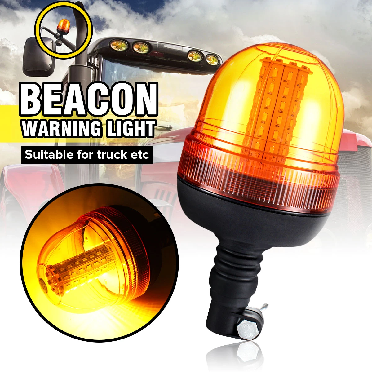 Lucas Flexible DIN Mount Agri Halogen Rotating Flashing Amber Beacon R65 Lucas Flexible DIN Mount Agri Halogen Rotating Flashing Amber Beacon R65