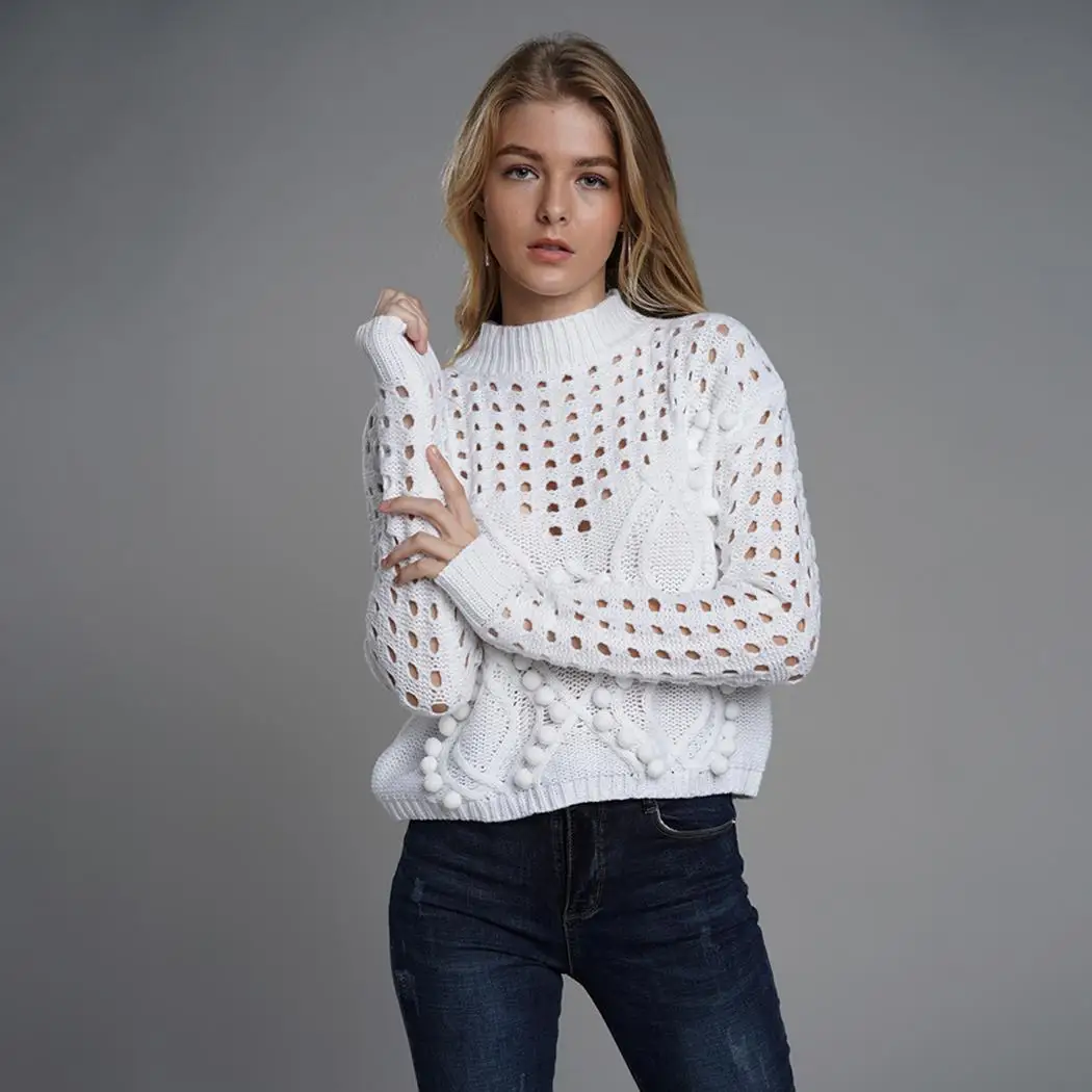 Women Casual Turtleneck Long Sleeve Solid Loose Hollow Autumn Winter Black White Pullover Sweater | Женская одежда