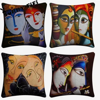 

Krishna Abstract Indian Women Decorative DIY Cotton Linen Cushion Cover 45x45cm For Sofa Chair Pillowcase Home Decor