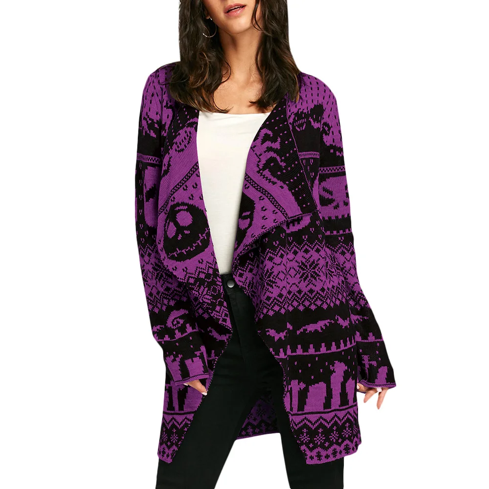 Halloween Skull Knitting Tunic Cardigans Autumn Winter Women Long Sweaters coat warm Knitted 