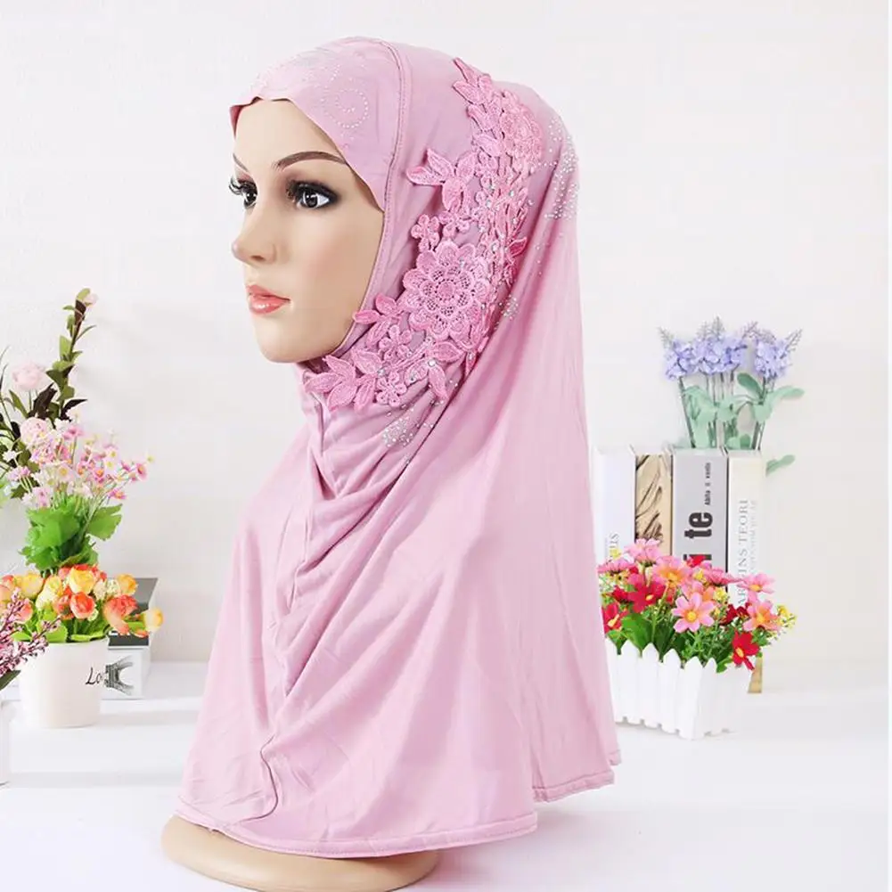 Fashion Lace Flower Rhinestone Decor Hijab Muslim Women Scarf Head Wrap
