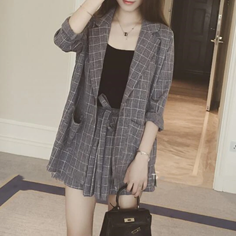 

TAOVK Summer 3 Piece Set Women Long Blazer Jacket and Sling Tops and Elastic Waist Shorts OL Suits