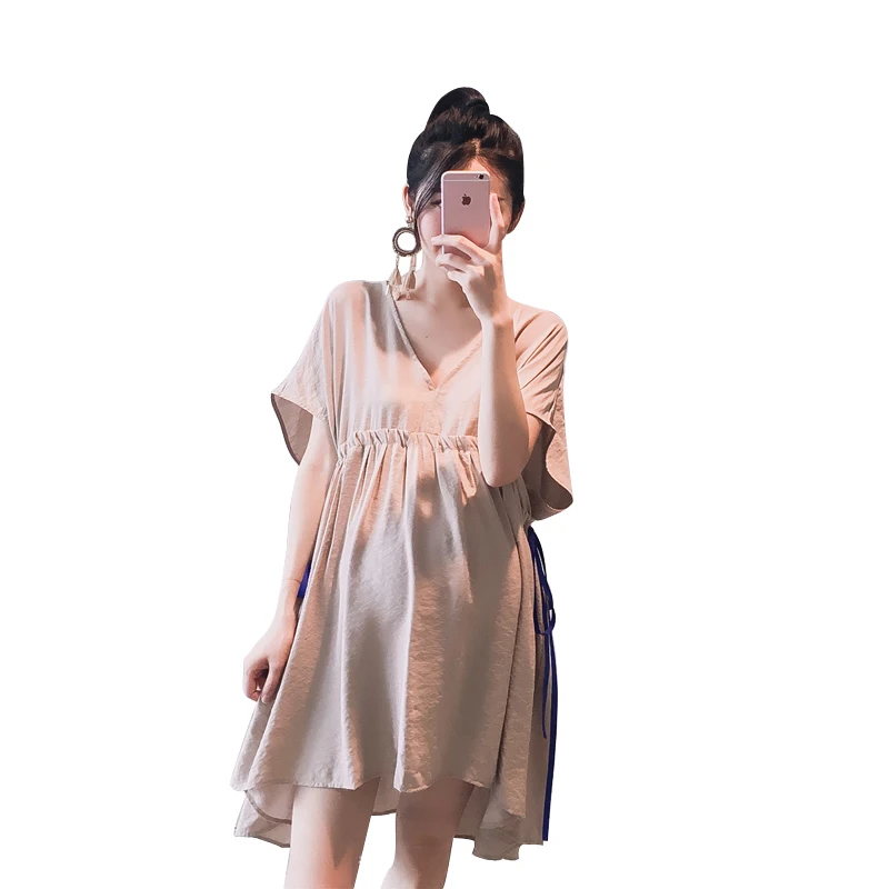 Модная летняя одежда для будущих мам с v-образным вырезом Асимметричные Длинные свободные рубашки сладкий большой размер, для беременных женщин Платье Ампир блузки оптом