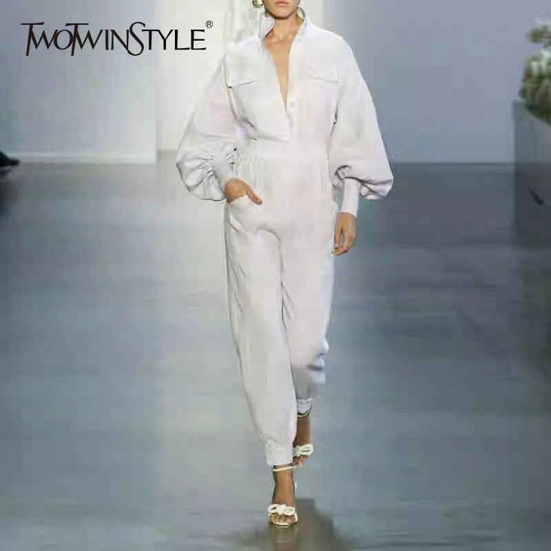 

TWOTWINSTYLE Womens Suits Stand Collar Lantern Long Sleeve Shirts High Waist Ankle Length Pants Elegant Two Piece Sets Female