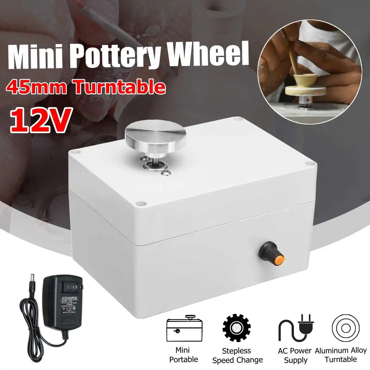 

12V Aluminum alloy Fingertip Mini Pottery Wheel 4.5cm Turntable Knob Stepless Speed Change