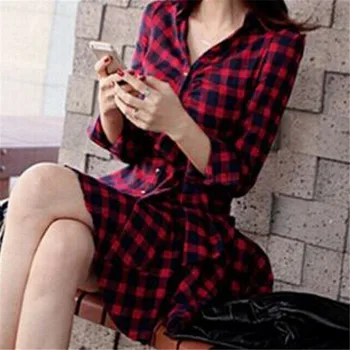 

New Fashion Women's Long Sleeve Casual Spring Autumn Plaid Dresses Party Cocktail Short Mini Dresses