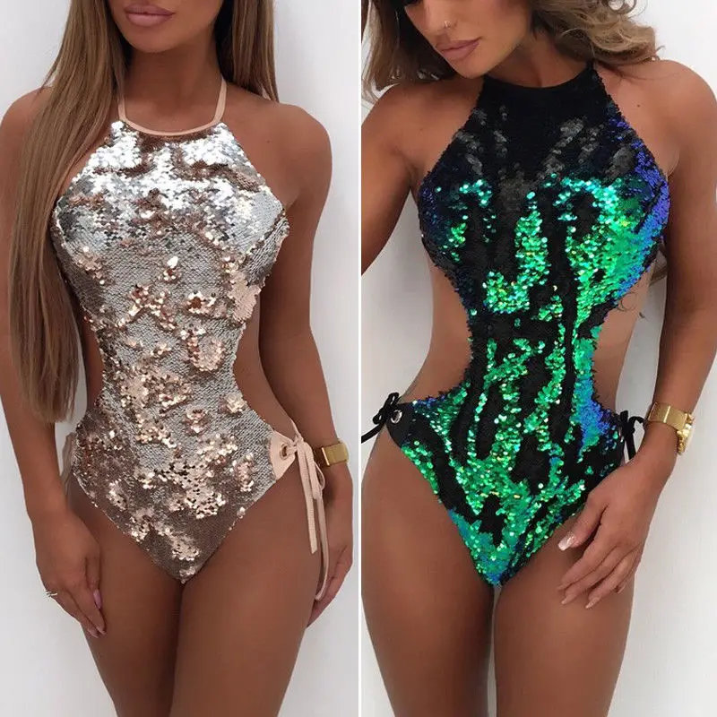 Brand New Women One-Piece Swimsuit Beachwear Swimwear Push-up Monokini Bikini Bathing Sequined Backless Bottoms Thong 1Pcs