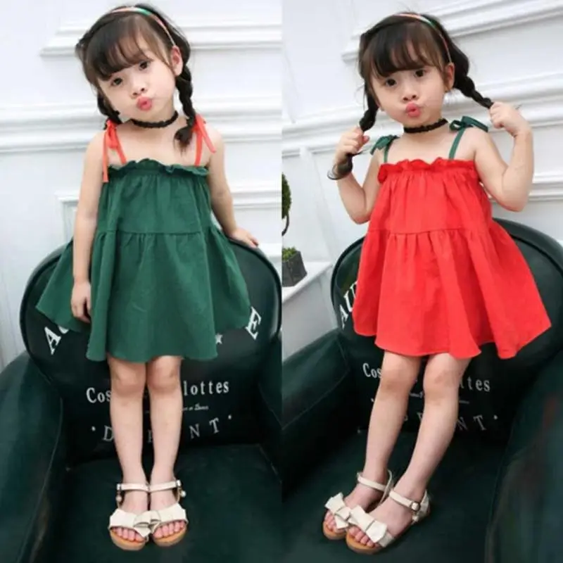 

Sweet Fashion Girls Strap Dress Sleeveless Cute Ruffle Cotton Breathable Mini Princess Dress