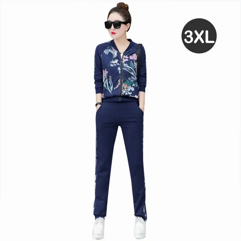 

Leisure Three-piece Sports Suit Cotton Blend Baseball Stitching Sets Ladies Korean Slim Fashion Printing Suit Purple Sapphire