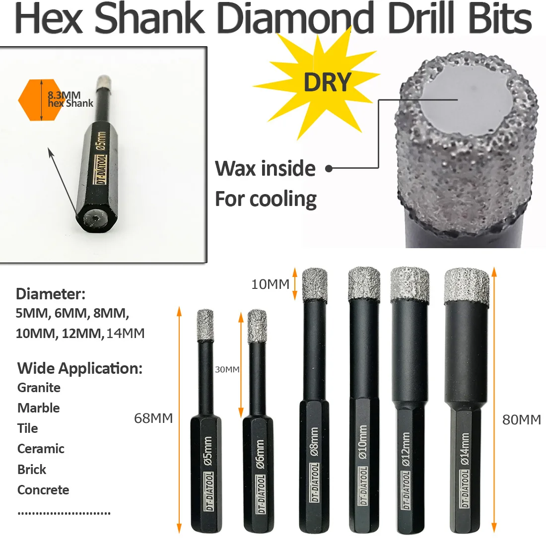 DT-DIATOOL 5pcs/box Vacuum Brazed Dry Diamond Drilling Core Bits Hole Saw with Hexagon Shank for Marble Concrete Tile Ceramic