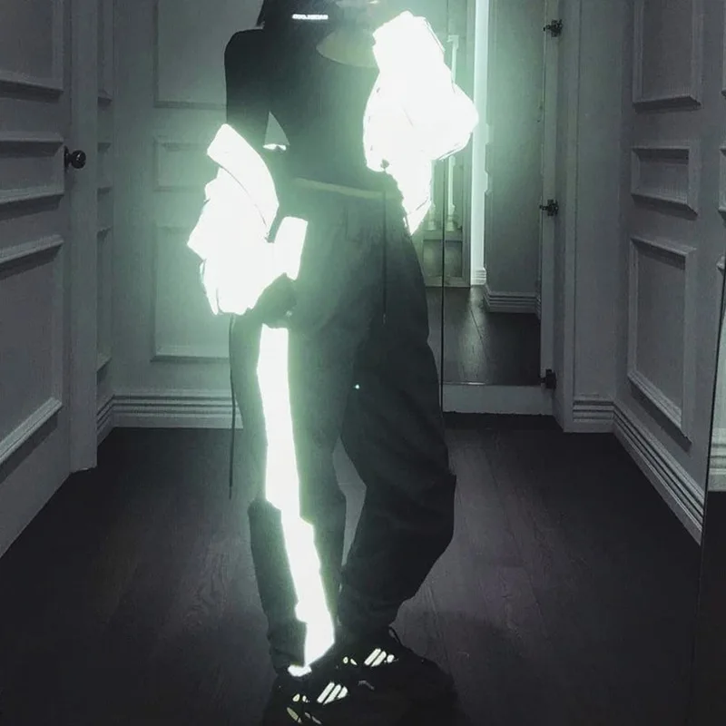 

Women Side Stripe Harem Sweatpants Shine Hip Hop Reflective Pants Female Loose Dancing Casual Trousers Plus Size Pantalon Femme