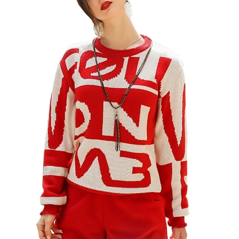 Autumn And Winter Red Sweater Female 2018 New Round Neck Long-sleeved Wooden Ear Letter Loose Pullover Women Upper Garment HJ86