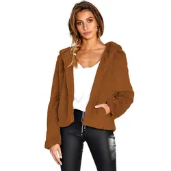 Для женщин искусственный мех пушистая куртка одноцветное цвет с капюшоном средства ухода за кожей Шеи открытым спереди осень зим