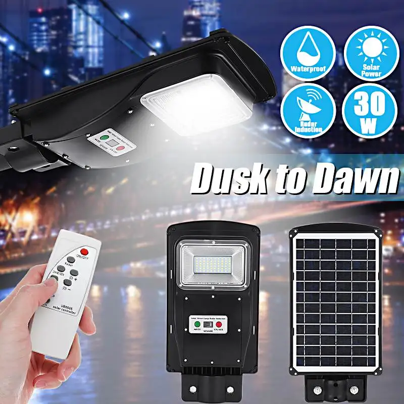 

New 30W 60 LED Street Light LED Solar Light Radar PIR Motion Sensor Wall Timing Lamp+Remote Waterproof for Plaza Garden Yard