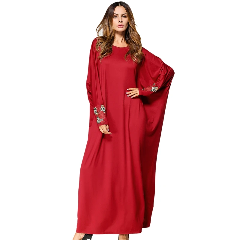 

Muslim Abaya Dress Women Batwing Sleeve Flower Embroidery Loose Plus Size Dress Spring Autumn Gowns Festival Casual Party Robe
