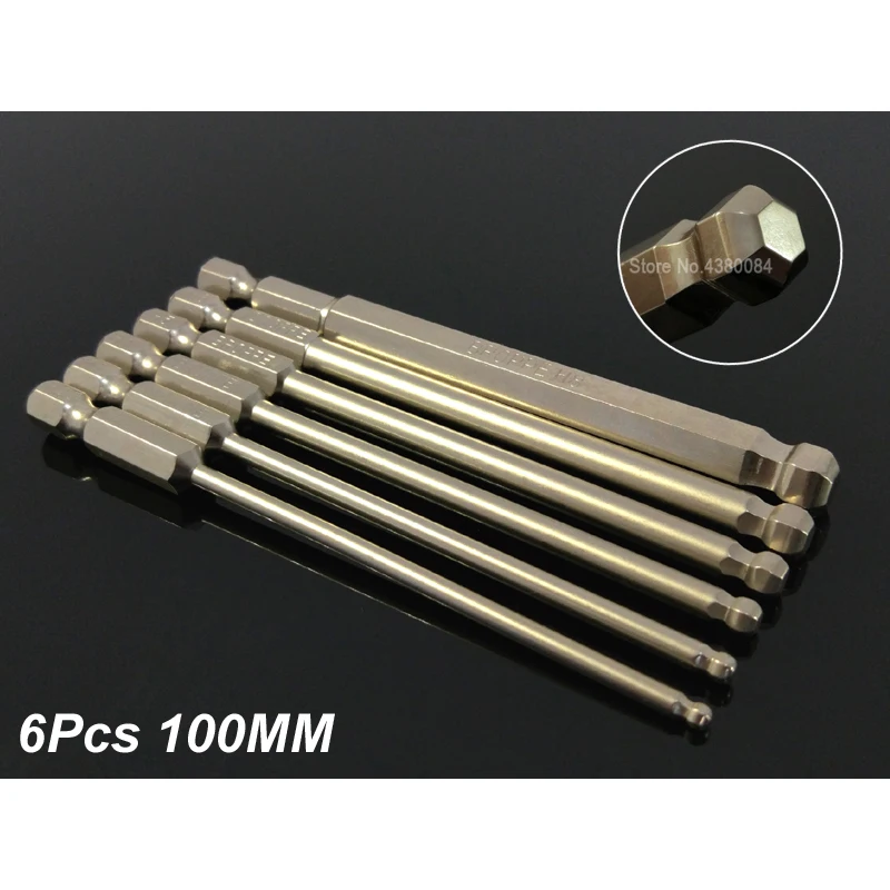 

6Pcs Set 100MM Magnetic Spherical/Ball Inner Hexagon Screwdriver Drill Bits 1/4" Hex Shank Screw Driver Bits Tool S2 Alloy Steel