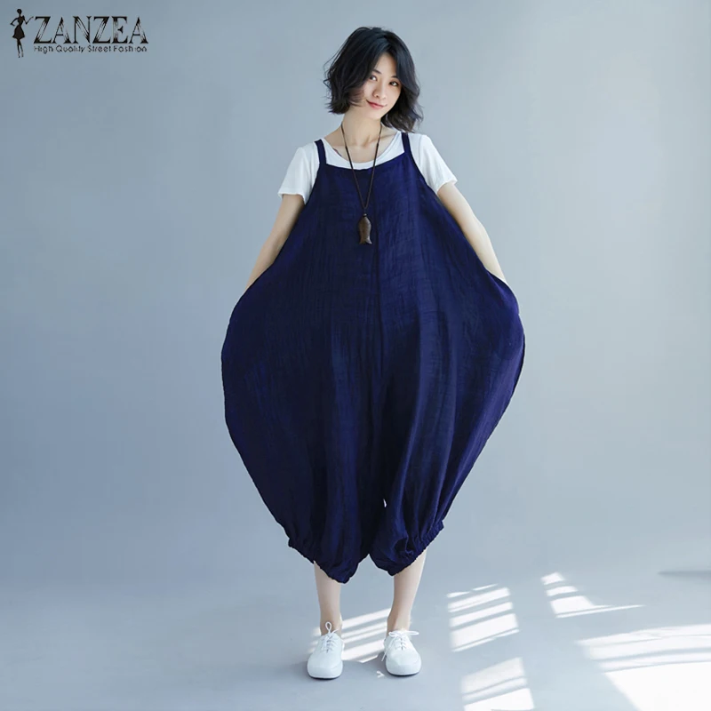 

S 5XL ZANZEA Summer Strappy Overalls Women Long Lantern Jumpsuits Solid Drop-Crotch Rompers Harem Dungarees Wide Leg Pants Femme
