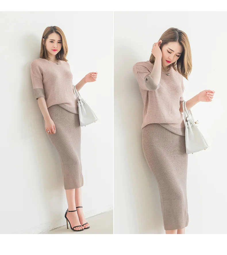 

2018 New Arrival Women's Autumn Clothing Set Knitting Solid Patchwork O-Neck Pullover Top And Pencil Skirt Female Casual Suits