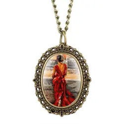 Современная живопись маслом элегантная красота в красном платье кварцевые карманные часы ожерелье ювелирные изделия кулон часы Топ милый