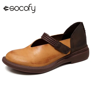 

Socofy Vintage Women Flat Shoes Woman Genuine Leather Splicing Hook&Loop Retro Harajuku Flats Women Shoes Spring Ladies Flats