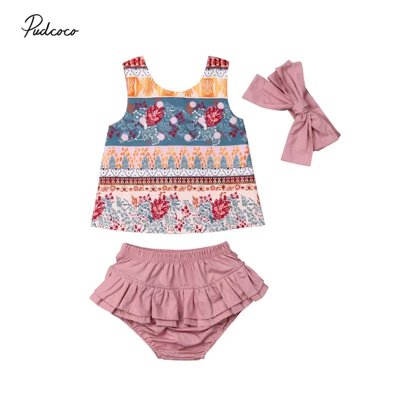 2019 Brand Summer Baby Girl Clothes 3Pcs Set Sleeveless Floral Shirt Tops+Ruffle Tutu Shorts Headband Outfits Clothing Set Cute