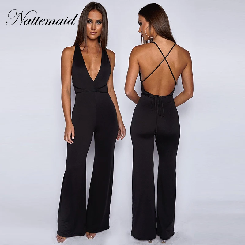 

NATTEMAID Deep V Neck Clubwear Casual Rompers Womens Jumpsuit Black Backless Criss-cross Sexy Jumpsuit Summer Going Out Jumpsuit