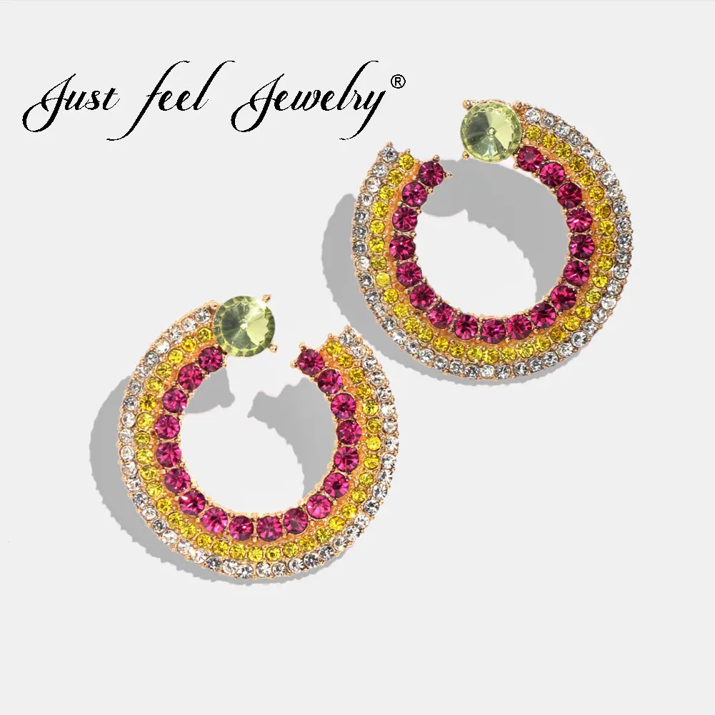 

JUST FEEL Round Circle Crystal Stud Earrings For Women Fashion Geometric Shiny Earring Bohemian Vintage Ethnic Bride za Jewelry