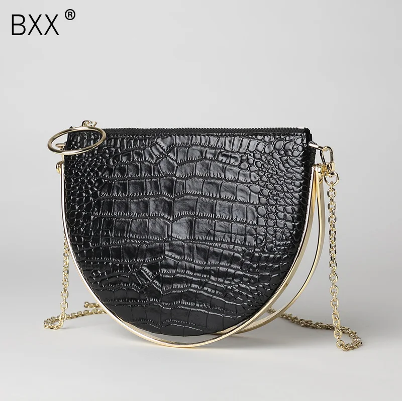 

[BXX] 2019 New Woman Metal Handle Crocodile Grain Semicircle High Quality Cowhide Leather Single Chain Shoulder Bag DA110