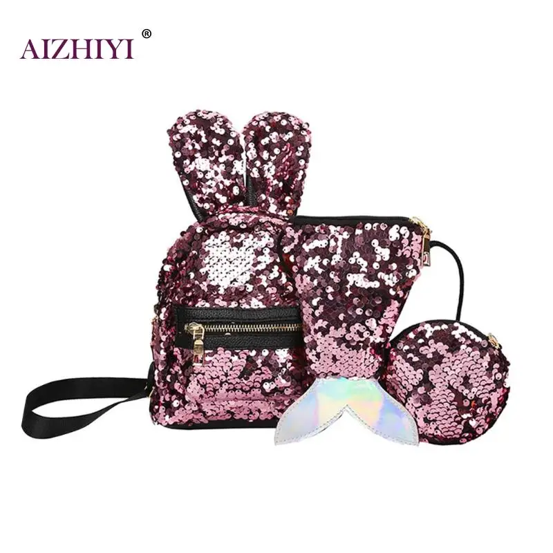 

1/3pcs/Set Mini Shining Sequins School Backpack Women Rabbit Ears Rucksack Cartoon Label Purse Zipper Shoulder with Small Bag