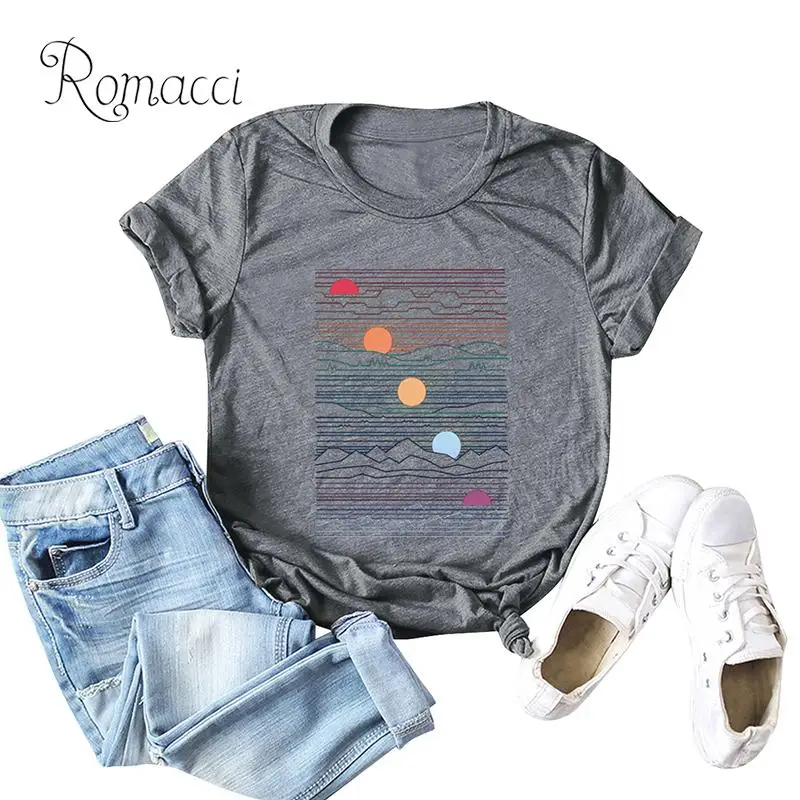 

Romacci Fashion Women T-shirt Short Sleeves O Neck Sunrise Print camisetas mujer 5XL Plus Size Cotton Cool Tees Casual Tops 2019