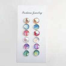 Корейский стиль, женские 6 пар, медная основа, круглые подарочные серьги-гвоздики, много цветов, ручная работа, модные серьги в виде рыбьей чешуи, простой стиль