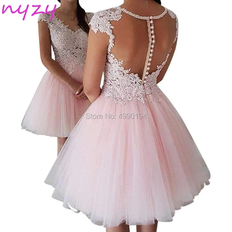 NYZY P24 сексуальное платье для выпускного вечера, короткое розовое Тюлевое Пышное Бальное Платье с открытой спиной, вечерние платья с жемчугом и кристаллами, vestidos de coctel