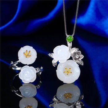 

Koraba Vintage 925 Silver Hetian White Jade Plum Blossom Necklace Pendant Earrings Ring Jewelry Set