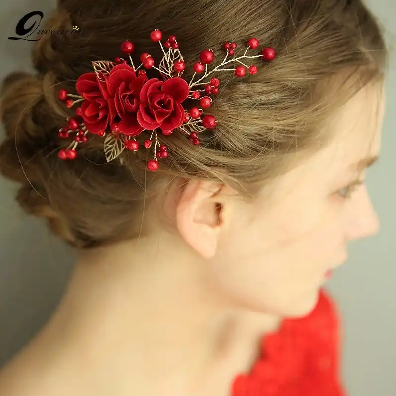 Red Rose Flower Hair Clip Hairpins Ornaments Bridal Wedding Dress