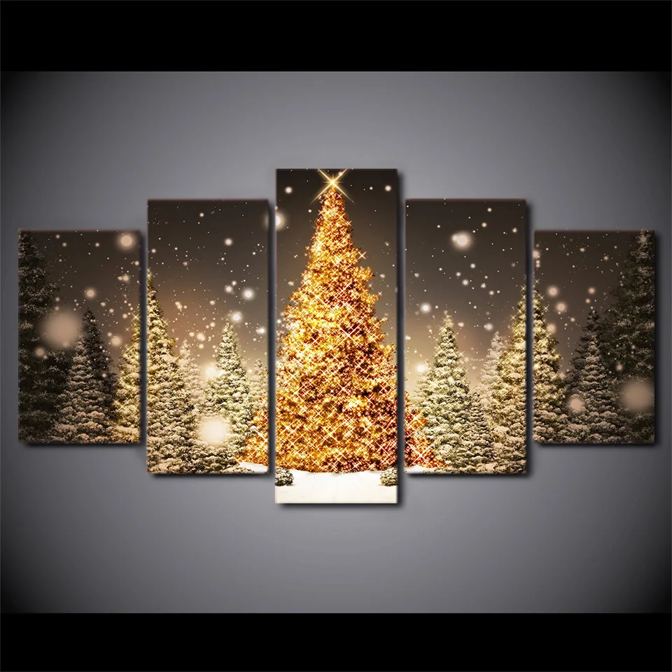 

5 Pieces Golden Christmas Trees Pictures Living Room Posters Framework Canvas Paintings Wall Art Christmas Home Decor HD Prints