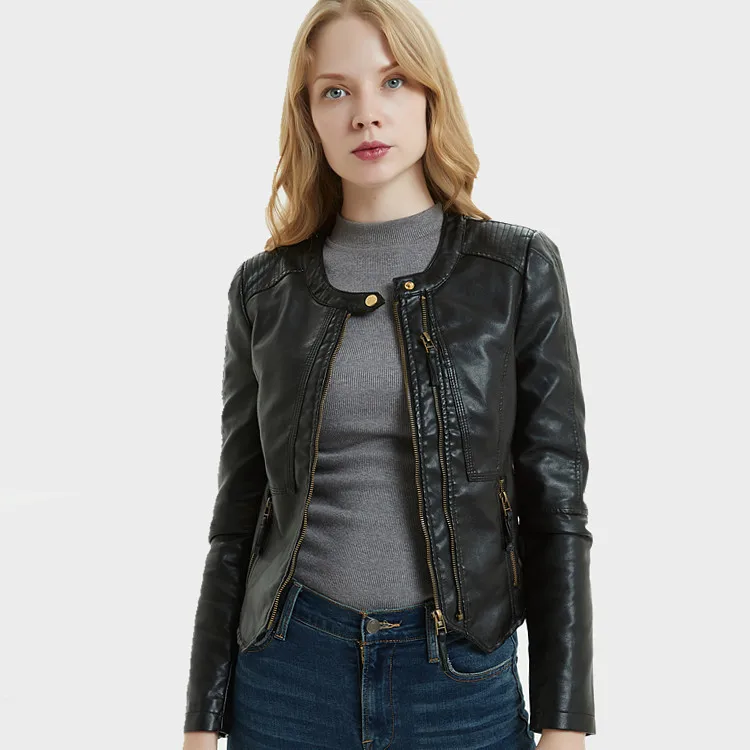 

Faux Leather Jackets Women Black Short Motorcycle PU Jacket O-Neck Zipper Slim Deri Ceket Fashion Biker Leder Pink Coats Femme