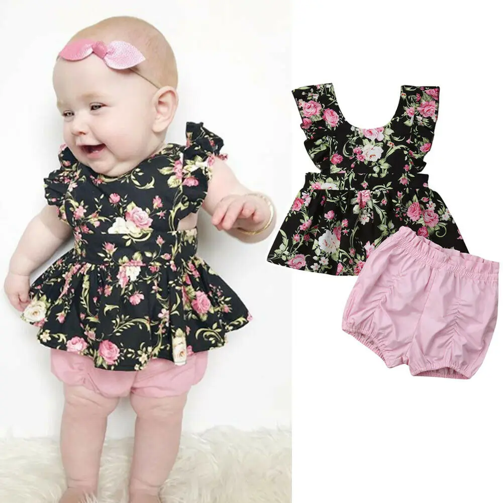 Newborn Kid Baby Girl Floral Lovely Clothes Sets Ruffles Sleeve Floral Print Tops Short Cotton