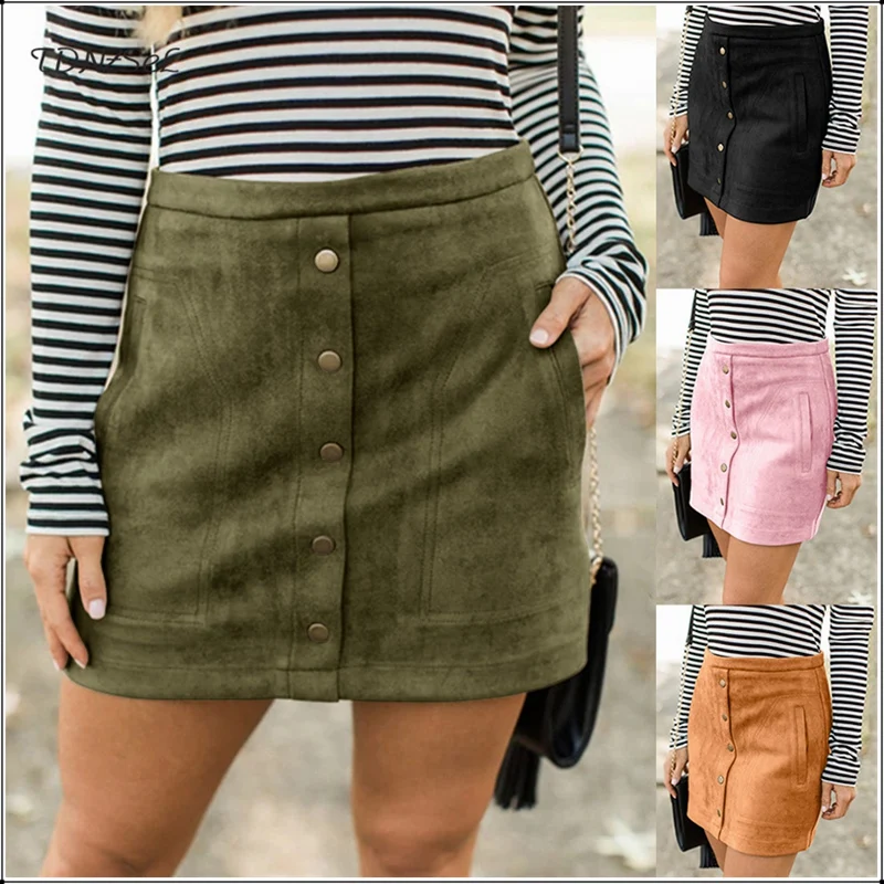 

Casual Suede Leather High Waist Short Mini Skirts Straight Slim Button Pockets Zipper Solid Color Hot Skirt Women Autumn Winter