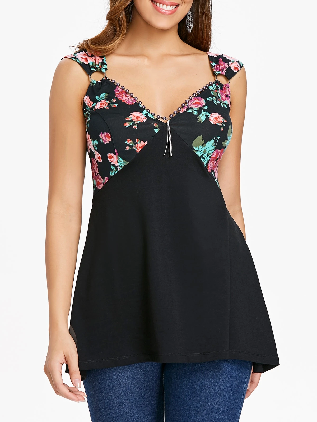 Floral Print Plunging Neck Tank Top | Женская одежда