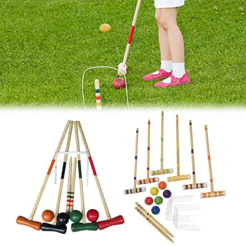 

Croquet Set Sport Outdoor Game For 2-6 Player Mallet Middle Pole Benchmark Pole Ball Door Portable Wooden Ball For Family Friend