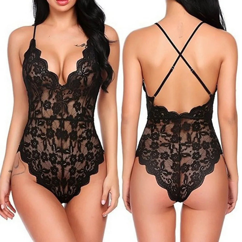 

Women One Piece Sexy Lace Clothes V Neck Lingerie Hollow Floral Lace Halter Backless Underwear Nightwear Sleepwear Lingerie