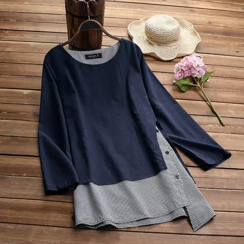 Женская блуза из 2 частей, осень, рубашка с длинным рукавом в стиле пэчворк, Женская необычная блуза, повседневный Топ, блуза, сорочка размера плюс