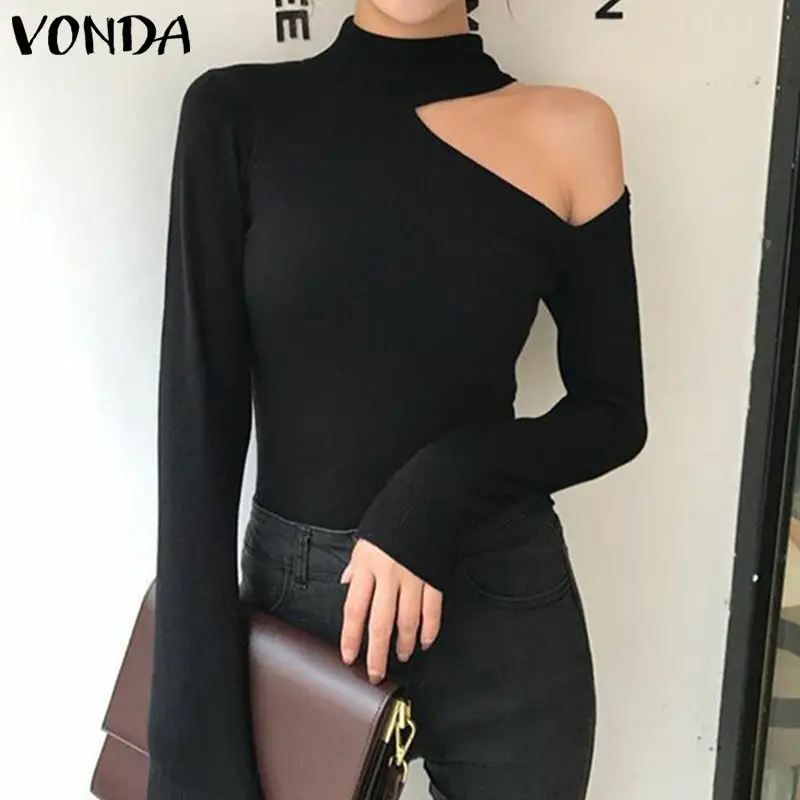 

VONDA Blouse Women Slim Fit Office Shirt 2019 Sexy Club Top Casual Stand Collar Solid Off Shoulder Tops Spring Blusas Plus Size