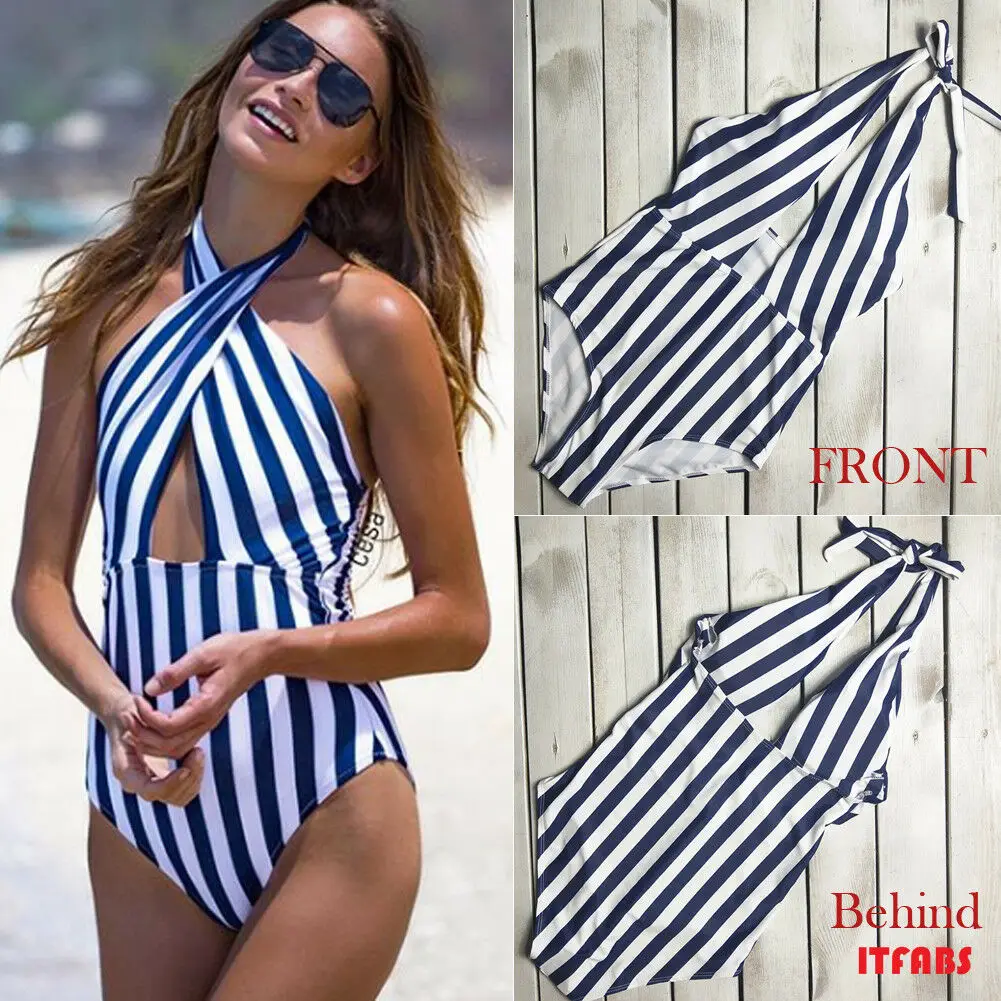 

Striped Bikini Set Women Swimming Costume Deep V Neck Stripe Swimsuit Monokini Swimwears Push Up Padded Bikini