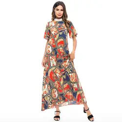 Платье с принтом Мусульманский Стиль; Ближний Восток короткий рукав лето Абаи халат моды кафтан Для женщин Элегантный Ислам турецкий