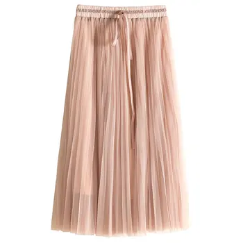 

2019 Summer Women High Waist Pleated Mid Mesh Skirts Fashion Lace Up A Line Beach Skirts Empire Female Party Skirt