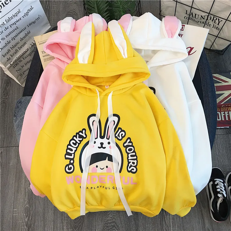 Kawaii толстовки для девочек кролик длинное ухо Sudadera мультфильм печати Толстовка для женщин зима плюс бархат Теплый пуловер топ размера плюс 2XL