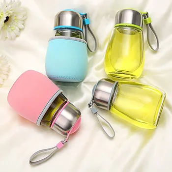 

Fashion Transparent Glass Sports Water Bottle Portable Cute Penguin Cup with Bottle Coat