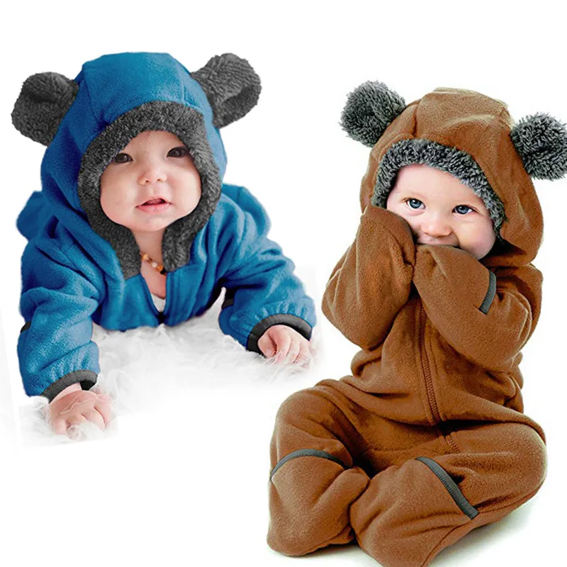Одежда для новорожденных зимний костюм для мальчиков Детский флисовый комбинезон с длинными рукавами, Детский комбинезон с капюшоном и медвежьими ушками, верхняя одежда синего цвета