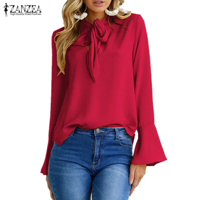 

Women's Chiffon Blouse Bow Tie Blusas 2019 ZANZEA Fashion Casual Long Flare Sleeve Shirts Female Lace Up Tunic Top Oversized 5XL